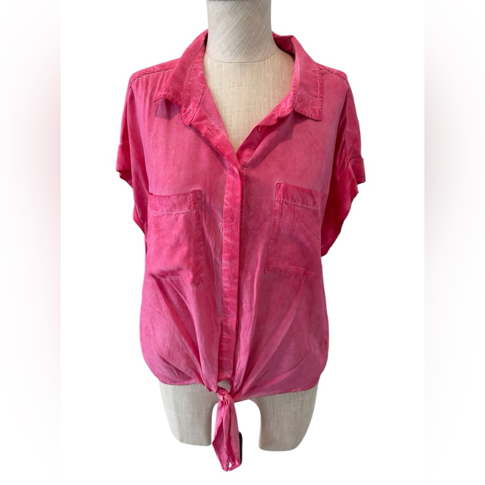 Velvet Heart Fuchsia Tie-front Button-Down Acid-Wash Shirt -Size Small